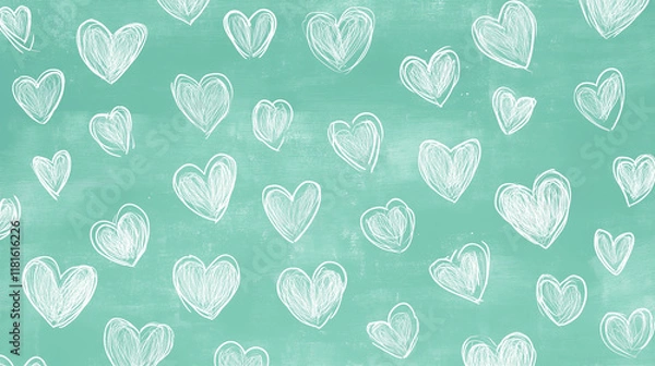 Fototapeta valentines day mint green background with whimsical white heart outlines pattern