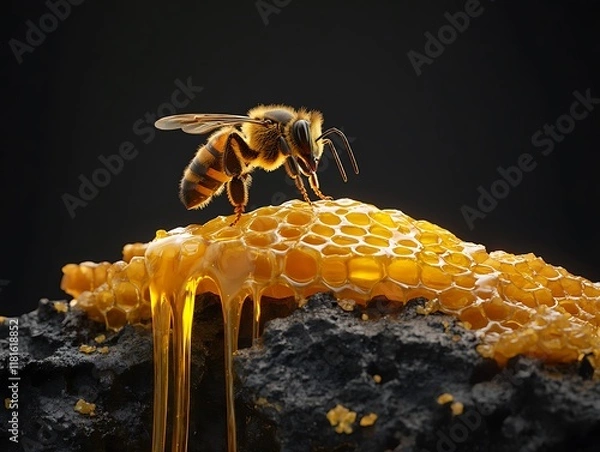 Fototapeta A honey bee standing on top of a honeycomb, with a stream of golden honey spreading out from the comb