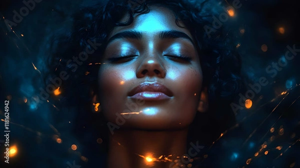 Fototapeta Face Glowing Skin with Closed Eyes Shines Brightly Under Sparkles