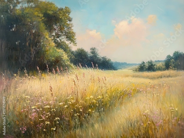 Fototapeta Golden Meadow Painting with Tall Grass, Wildflowers, and Distant Hills under a Sunny Sky.