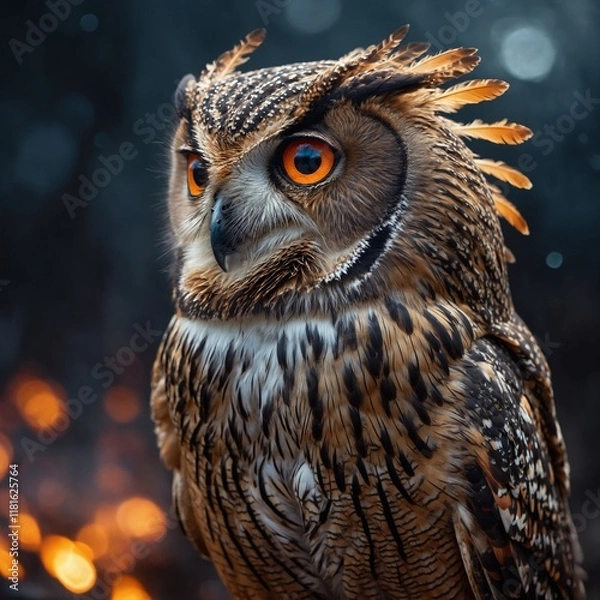 Fototapeta A magical owl with feather tips glowing like embers, clear background.