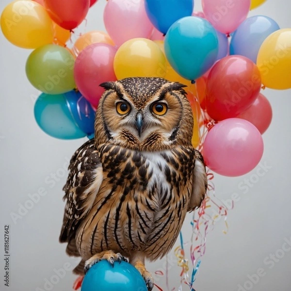 Fototapeta A playful owl surrounded by colorful balloons, clear background.