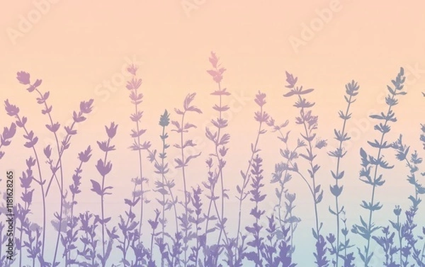 Fototapeta Lavender Silhouettes with Soft Pastel Gradient Background, Abstract Floral Botanical Design.