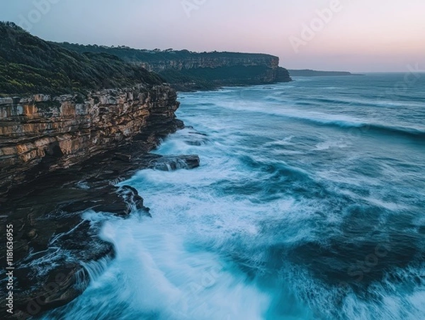 Fototapeta Dramatic Coastal Cliffs at Dusk with Crashing Waves and Soft Pastel Sky.
