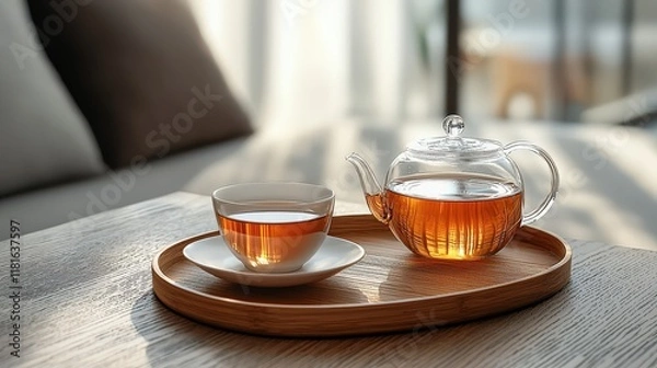 Fototapeta A modern tea presentation with traditional elements, including a teacup, saucer, and small teapot, designed for luxury hotel style photos with room for advertisements.