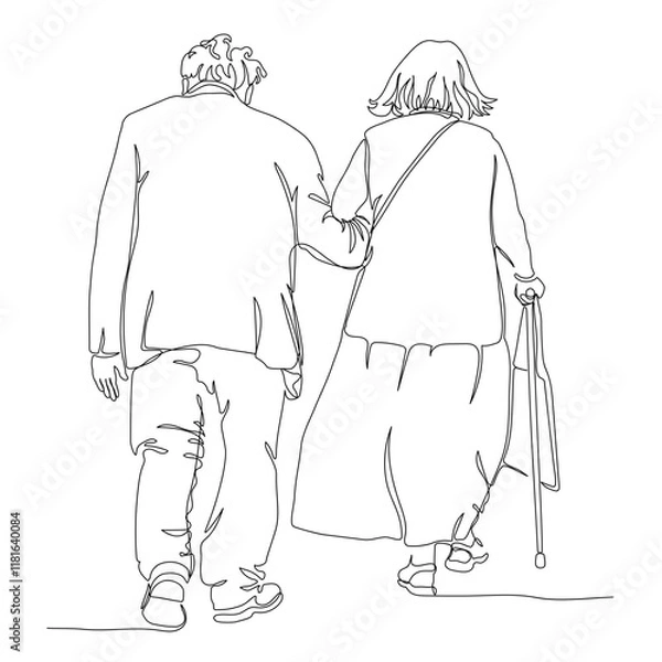 Fototapeta Senior couple with walking cane leaving. Back view. Continuous line drawing. Black and white vector illustration in line art style.