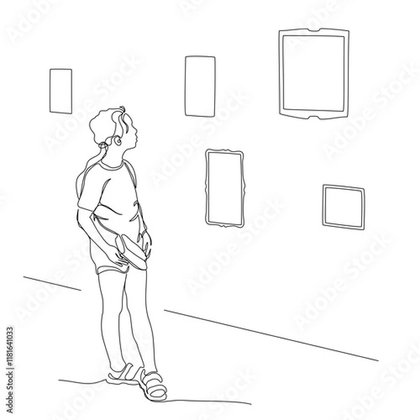 Fototapeta Girl looking at picture on wall at art gallery. Side view. Continuous line drawing. Black and white vector illustration in line art style.