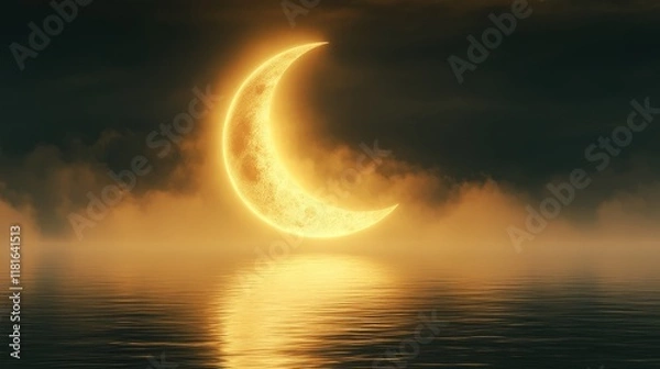Fototapeta Golden Crescent Moon Reflected in Calm Water at Twilight with Dark Cloudy Sky.