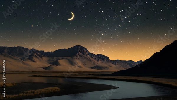 Fototapeta Starry Night with Crescent Moon Over a Serene Desert Landscape, Featuring Majestic Mountains, a Peaceful Riverbend, and Warm Twilight Hues Across the Horizon