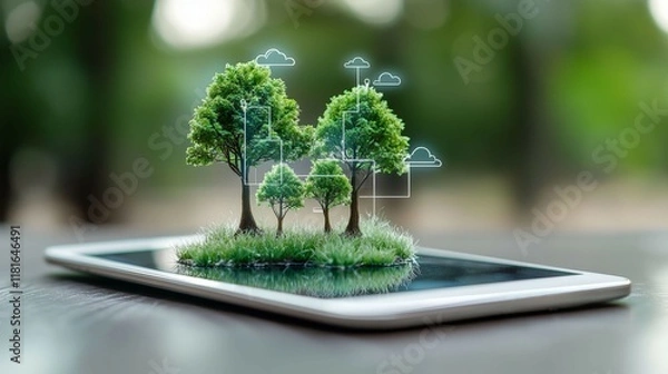 Fototapeta forestry industry concept. A tablet displaying miniature trees and grass, symbolizing nature and technology integration.