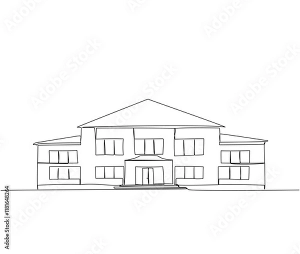 Obraz School building, kindergarten, university, college building one line art. Continuous line drawing of online learning, education, knowledge, school furniture