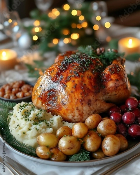 Fototapeta Roasted chicken with mashed potatoes, roasted potatoes, cranberries, and beans for Christmas dinner.