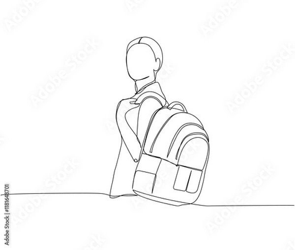Obraz Student with a large backpack, school supplies one line art. Continuous line drawing of online learning, knowledge, study, school uniform, bag, education.