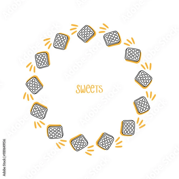 Fototapeta Decorative round frame with cookies. Doodle style. Linear drawing. Sweet frame.