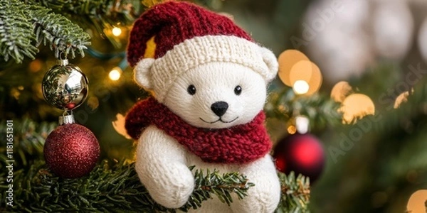 Fototapeta Adorable soft toy polar bear cub dressed in a knitted hat and scarf, perched charmingly on a festive Christmas tree, creating a delightful holiday atmosphere with this soft toy polar bear.
