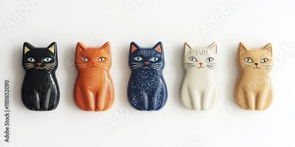 Obraz Cat shaped fridge magnets isolated on a white background create a fun and playful display. These cat fridge magnets add charm to your space while showcasing unique design and style.