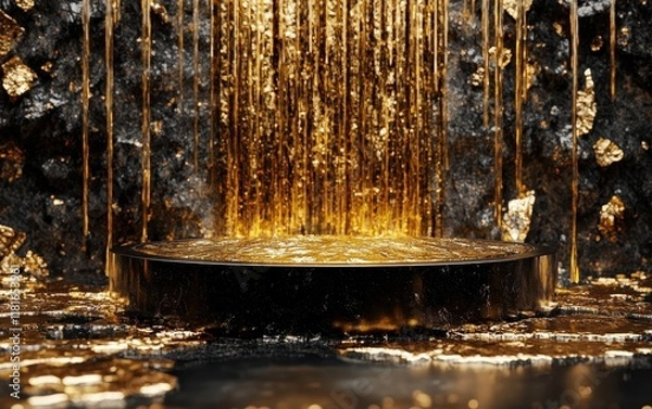 Fototapeta Abstract Golden Liquid Waterfall with Black Pedestal Stage, 3D Rendered Minimalist Background
