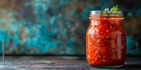 Fototapeta Homemade roasted garlic marinara tomato sauce placed in a glass jar against a textured background. This homemade roasted garlic marinara tomato sauce showcases vibrant colors and rich textures.