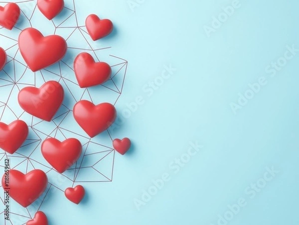 Obraz Colorful hearts connected by lines on a blue background create a romantic and playful design.