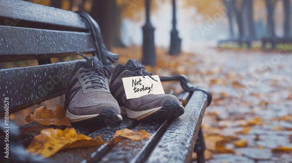 Obraz A close-up shot of a pair of running shoes abandoned on a park bench, with a handwritten note attached saying, "Not today!" The scene is set in a foggy park during early morning