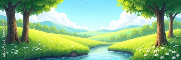 Fototapeta Cartoonish serene landscape with rolling hills and a gentle stream flowing through a grassy meadow with daisies