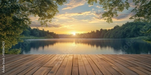 Fototapeta Tranquil lake at sunset seen from a wooden deck, creating a peaceful atmosphere. The wooden deck offers a beautiful view of the serene lake during the sunset.
