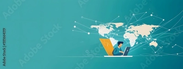 Fototapeta A flat vector illustration of an online network made up of human figures connected to each other, and above them is a world map with a laptop in front