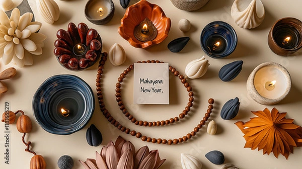 Obraz A flat-lay of Mahayana New Year essentials, including prayer beads, a lit candle, and a small prayer book. "Mahayana New Year" is written in bold, spiritual typography