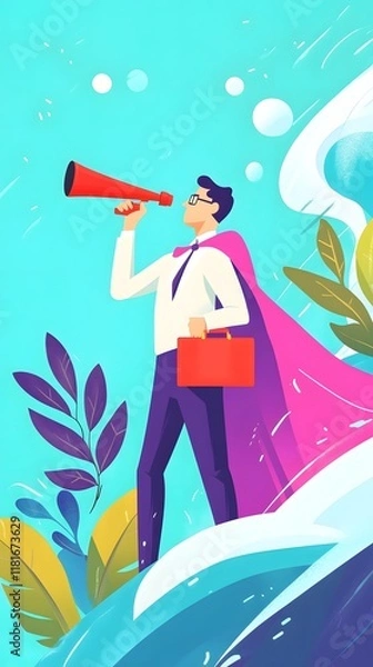 Fototapeta Flat vector illustration of a business person with a telescope, dressed in a superhero cape and holding a red briefcase