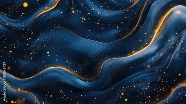 Fototapeta Abstract Deep Blue Swirls with Golden Glitter and Bokeh.