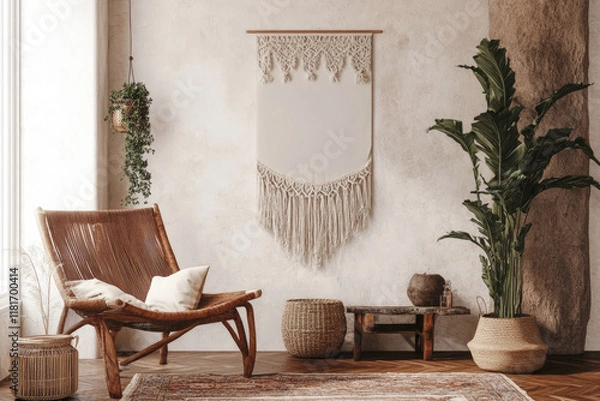 Fototapeta Bohemian style living room interior with macrame wall hanging, wicker chair, plants, and natural decor. 