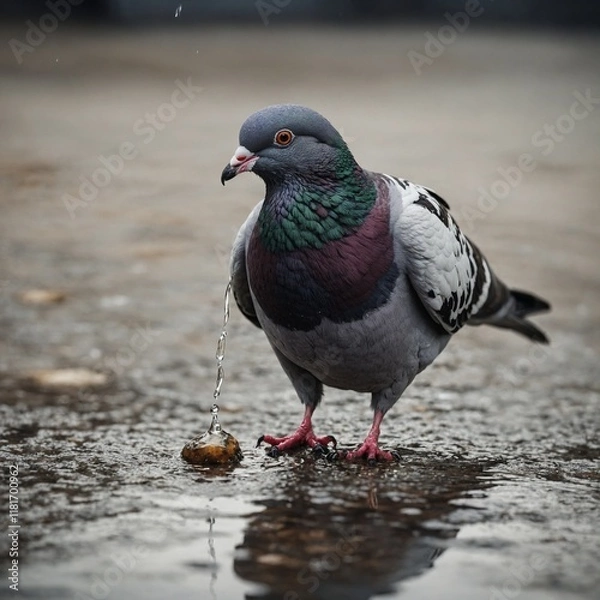 Fototapeta A pigeon drinking water from an invisible puddle, clear backdrop.