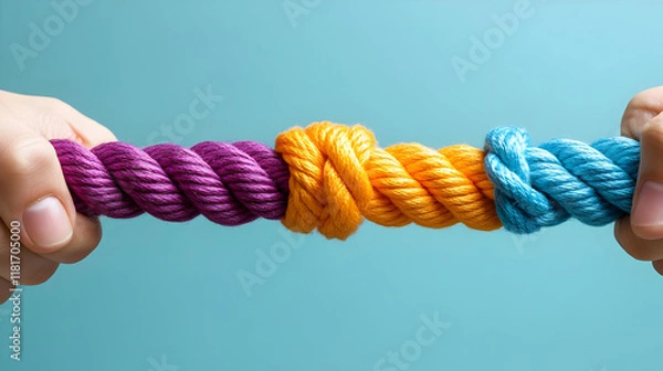 Fototapeta Colorful Ropes Tied Together Symbolizing Unity and Teamwork