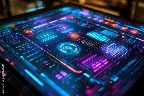 Obraz Futuristic digital display showcasing vibrant graphics and intricate circuitry in a high-tech environment
