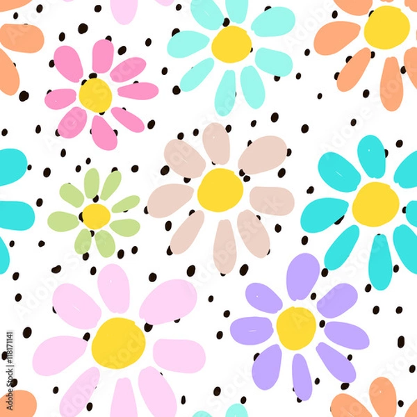 Fototapeta Hand drawn seamless pattern with colorful unusual flowers on polka dots background. Perfectly look on fabric, textile, etc.