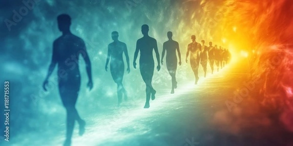 Fototapeta Silhouettes of individuals walking along a glowing light path, surrounded by a vibrant aura of cool blue and warm orange tones, transformation, journey