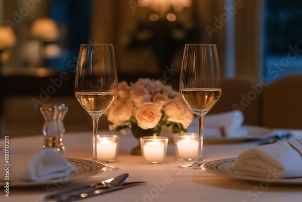 Fototapeta Romantic Table for Two with Candles, Flowers, and Wine
