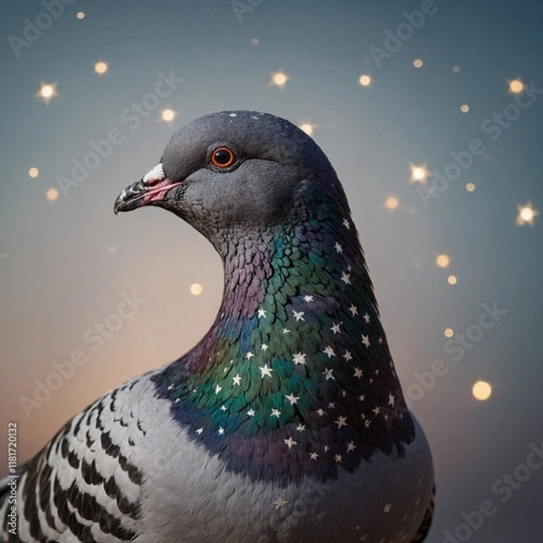 Fototapeta A pigeon with a pattern of stars on its feathers, against a clear backdrop.