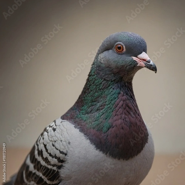 Fototapeta A pigeon looking upwards curiously, on a clean background.