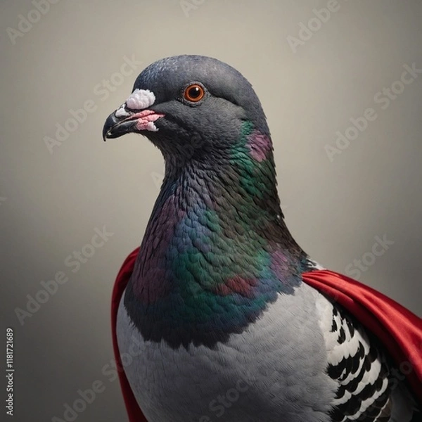 Fototapeta A pigeon wearing a superhero cape, standing on a plain background.