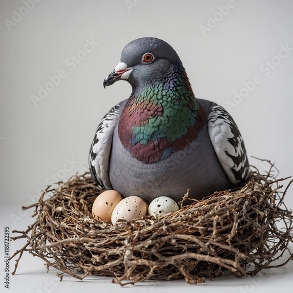 Fototapeta A pigeon sitting in a tiny nest with eggs, white background.