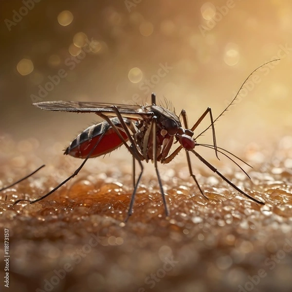Fototapeta A highly detailed macro photograph of a mosquito (Aedes species) feeding on human skin, with vibrant bokeh lighting in the background,highlights the intricate anatomy of the mosquito,Generative Ai