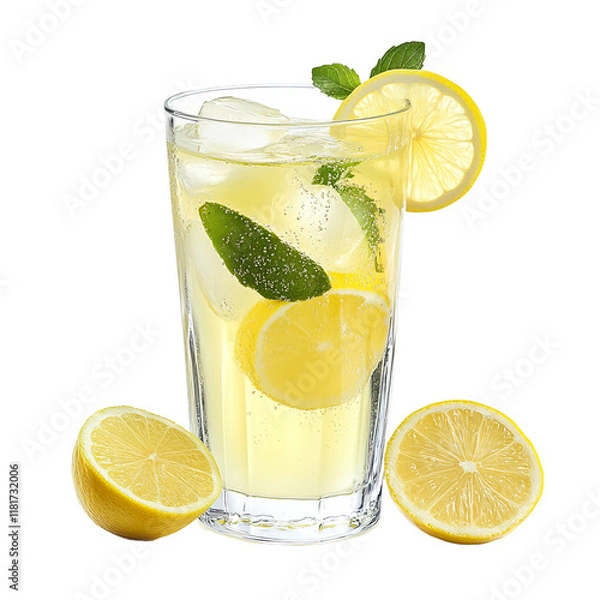 Fototapeta Glass of fresh lemonade isolated on white background