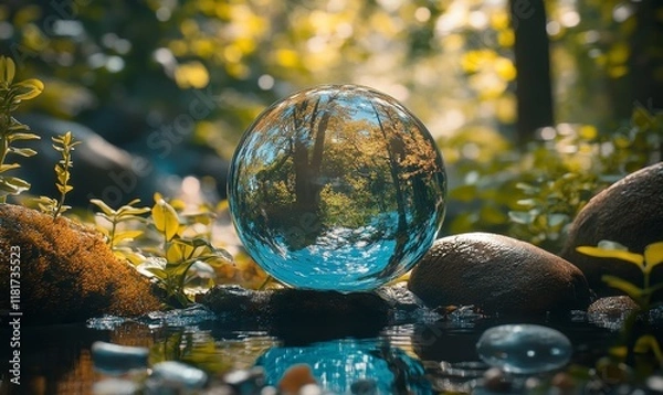 Fototapeta Planet, water and globe in forest for Earth day, environment protection and save environment water. Nature, support and world habitat for climate change awareness, green energy or, Generative AI