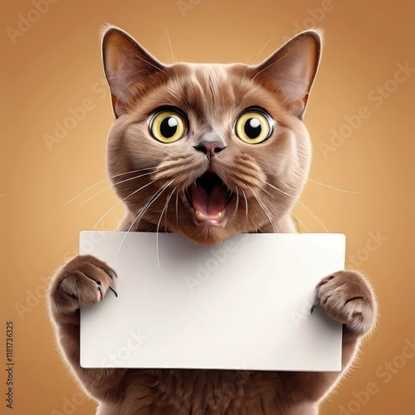 Fototapeta the AI Image Generator, Surprised Cat Holding Blank Sign Against