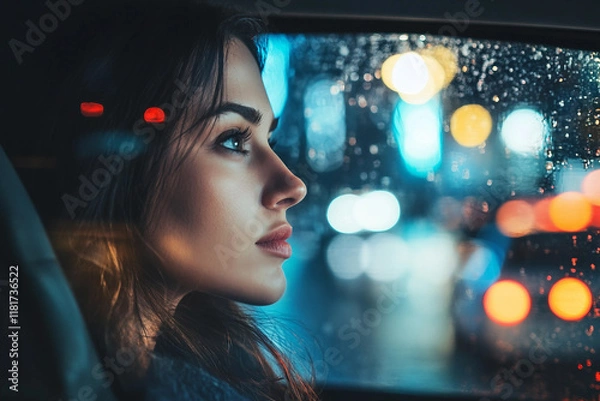 Obraz A young woman riding in taxi car on a busy street ai generative technology