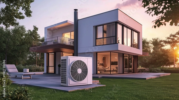 Obraz Modern house with heat pump. Heating and energy concept for architect's house with plot for family. New residential building with garden