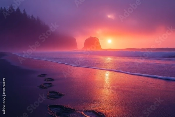 Fototapeta Sunset over the ocean with footprints on the sandy beach