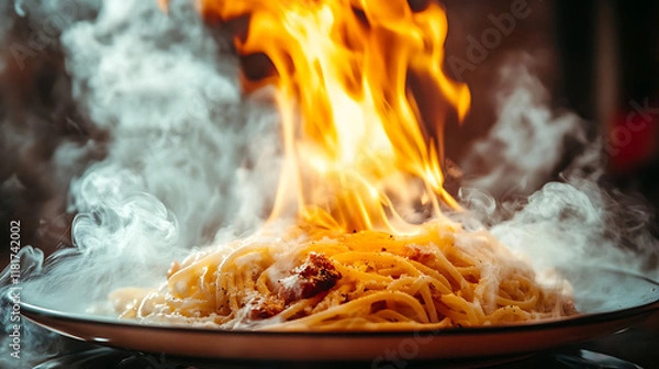 Fototapeta A plate of pasta ignited with flames, creating a dramatic culinary presentation.