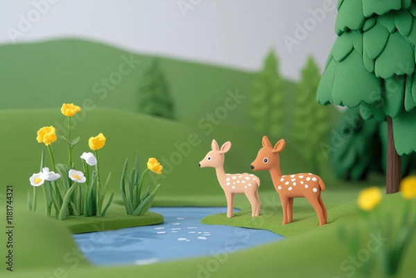 Fototapeta Claymation nature Two cute deer figures stand by a serene pond surrounded by vibrant green hills and colorful flowers in a whimsical landscape.